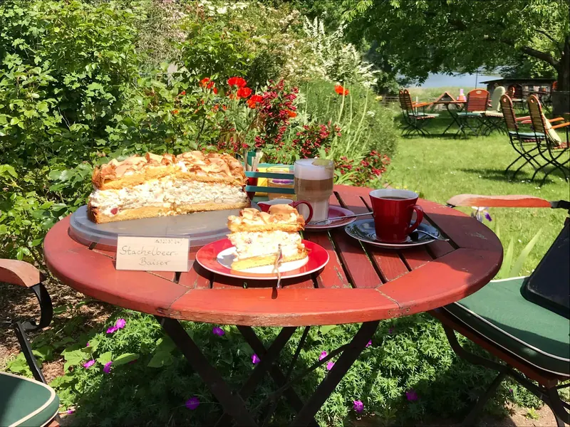 Hausgemachte Stachelbeer-Baiser-Torte und ein Stück Torte auf einem Gartentisch